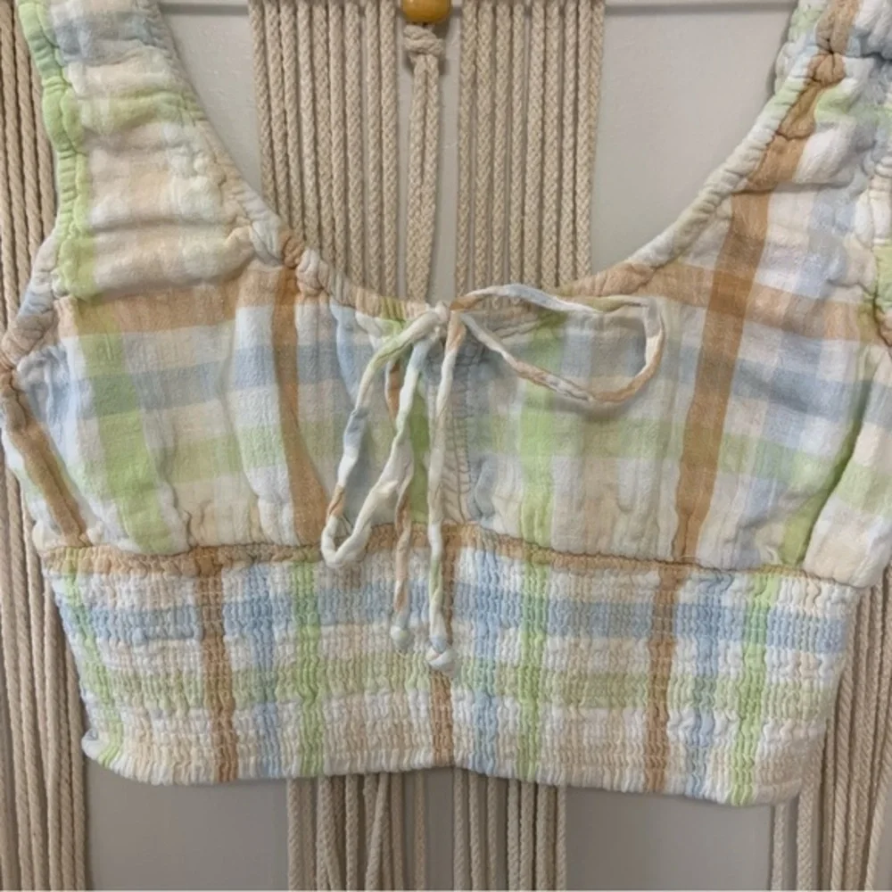 AMERICAN EAGLE Cotton Linen Plaid Smock And Roll‎ Tie Front Smocked Top Medium - Picture 6 of 10